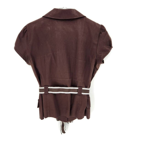 Studio 1 Womens Button Up Shirt Brown Short Sleeve Collar Belted Trim Retro 8 - Picture 2 of 5
